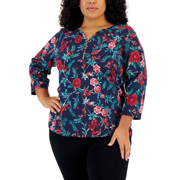 Karen Scott Plus Size Floral Print Top - Picture 1 of 1